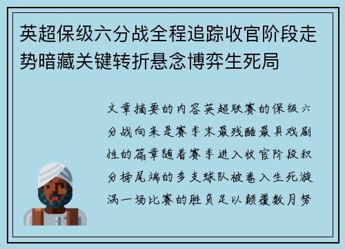英超保级六分战全程追踪收官阶段走势暗藏关键转折悬念博弈生死局 英超保级六分战全程追踪收官阶段走势暗藏关键转折悬念博弈生死局